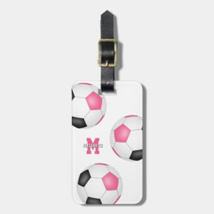 3 pink black white soccer balls girls sports luggage tag
