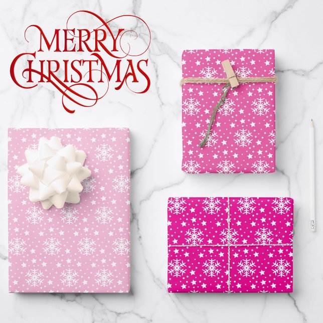 3 Pink Coordinating Snowflake Christmas Gift  Wrapping Paper Sheet (Creator Uploaded)