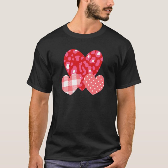 3 Pink Hearts Love Leopard Plaid Polka Dots Valent T-Shirt (Front)