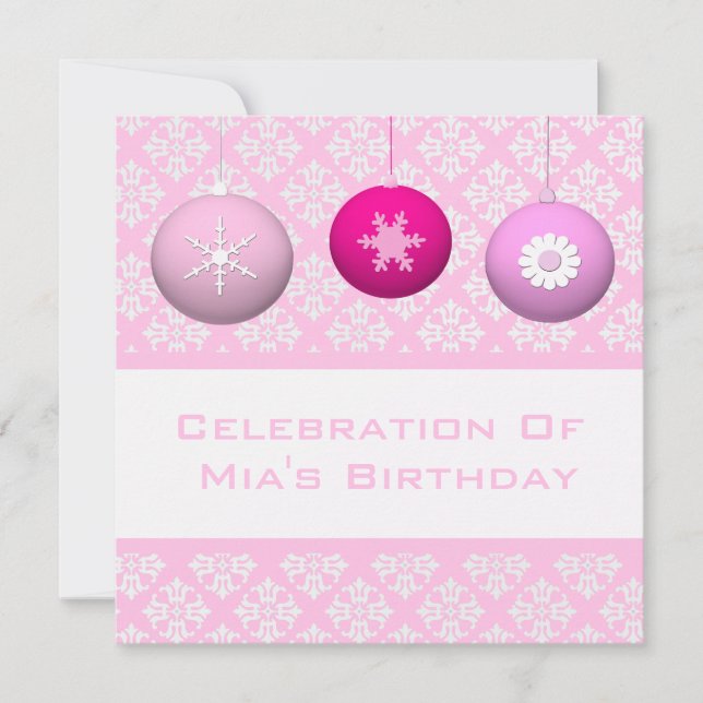 3 Pink Snowflake-Flower Ornaments Invitation (Front)
