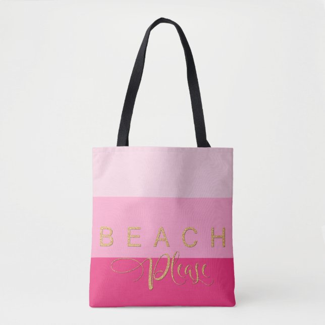 3 Pink Stripes Beach Please Gold Glitter Tote Bag (Front)