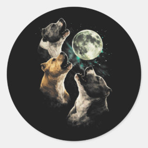 3 Pit Bull Dogs Howling Moon Cute Funny Pittie Classic Round Sticker