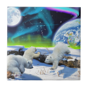 3 Polar Bear Cubs Playing in Snow - Earth Day Art Ceramic Tile
