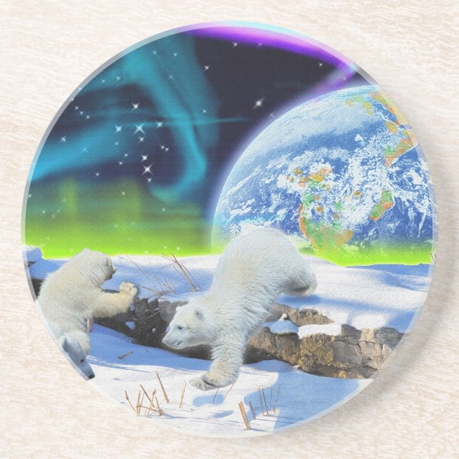 3 Polar Bear Cubs Playing in Snow - Earth Day Art Coaster (Front)