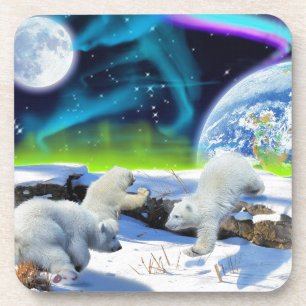3 Polar Bear Cubs Playing in Snow - Earth Day Art Coaster