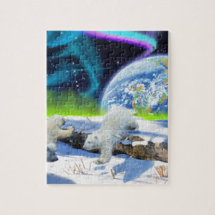 3 Polar Bear Cubs Playing in Snow - Earth Day Art Jigsaw Puzzle