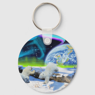 3 Polar Bear Cubs Playing in Snow - Earth Day Art Key Ring