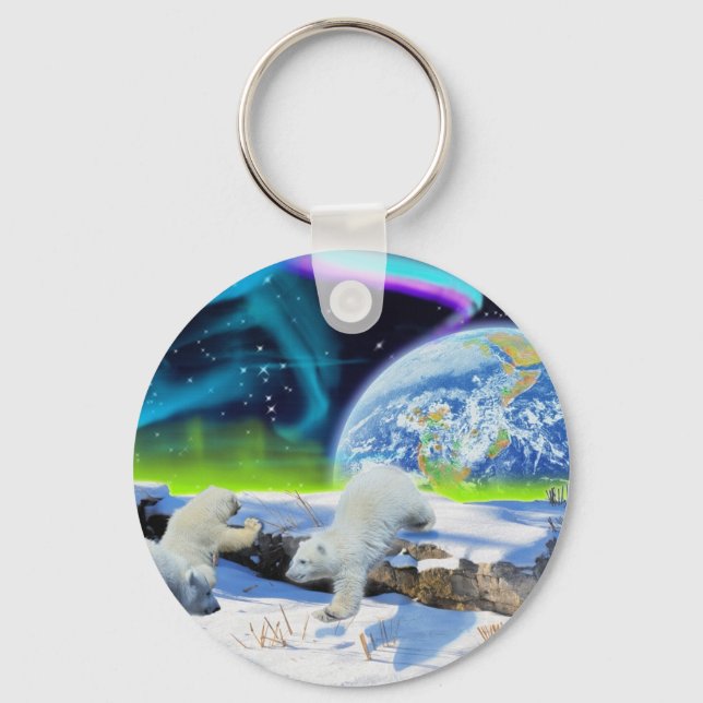 3 Polar Bear Cubs Playing in Snow - Earth Day Art Key Ring (Front)