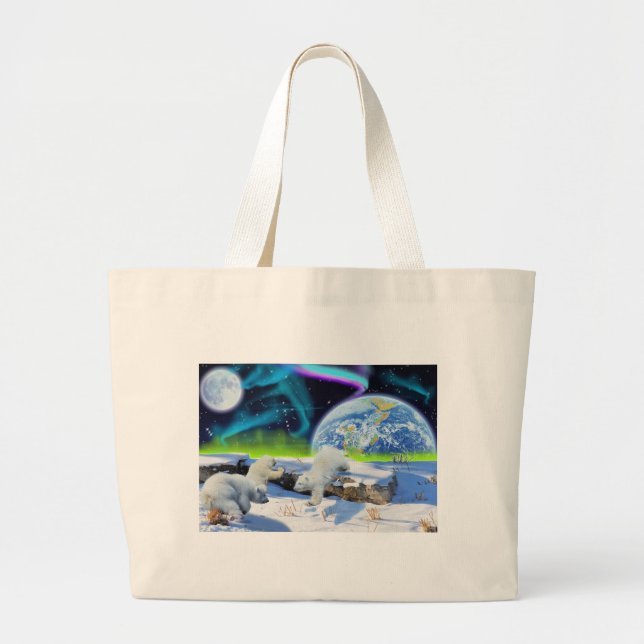 3 Polar Bear Cubs Playing in Snow - Earth Day Art Large Tote Bag (Front)