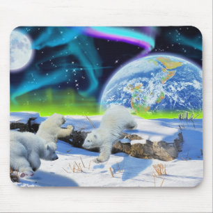3 Polar Bear Cubs Playing in Snow - Earth Day Art Mouse Pad