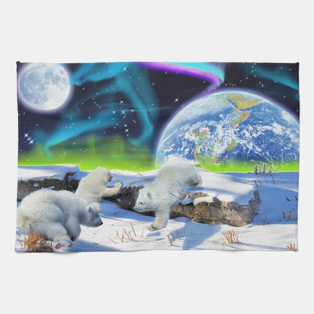 3 Polar Bear Cubs Playing in Snow - Earth Day Art Tea Towel (Horizontal)