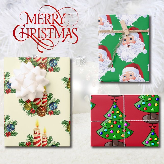 3 Pretty Christmas Santa Tree Candle Wrapping Paper Sheet (Creator Uploaded)
