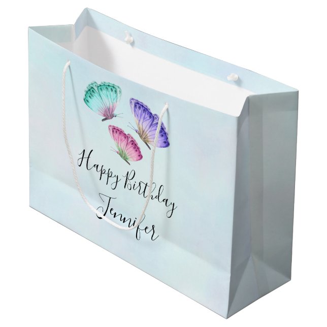 3 Pretty Pastel Watercolor Butterflies Birthday Large Gift Bag (Front Angled)