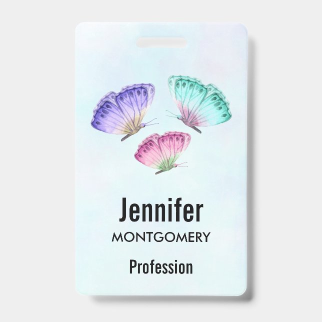 3 Pretty Pastel Watercolor Butterflies ID Badge (Front)