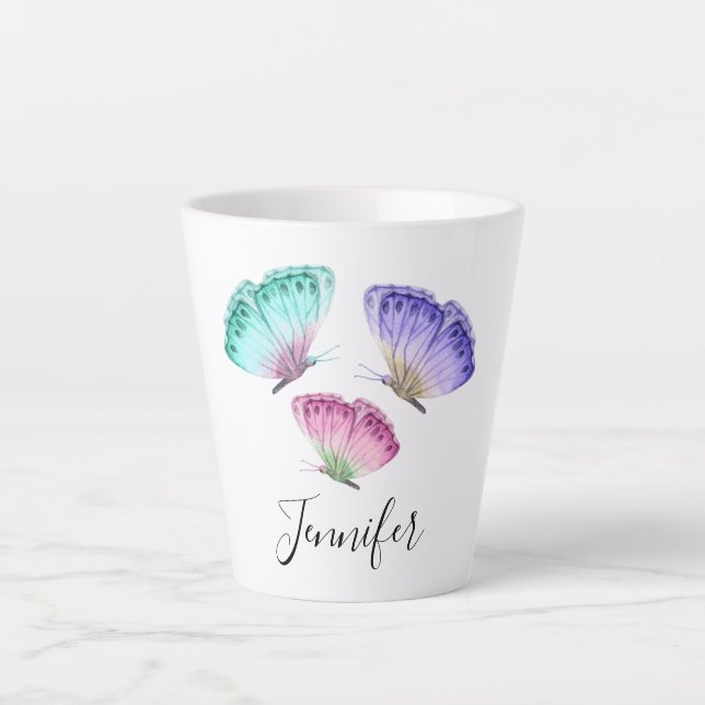 3 Pretty Pastel Watercolor Butterflies Latte Mug (Front)