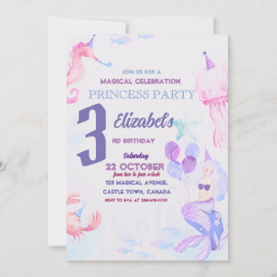 3 Princess Mermaid Colourful Under the Sea Birthda Invitation