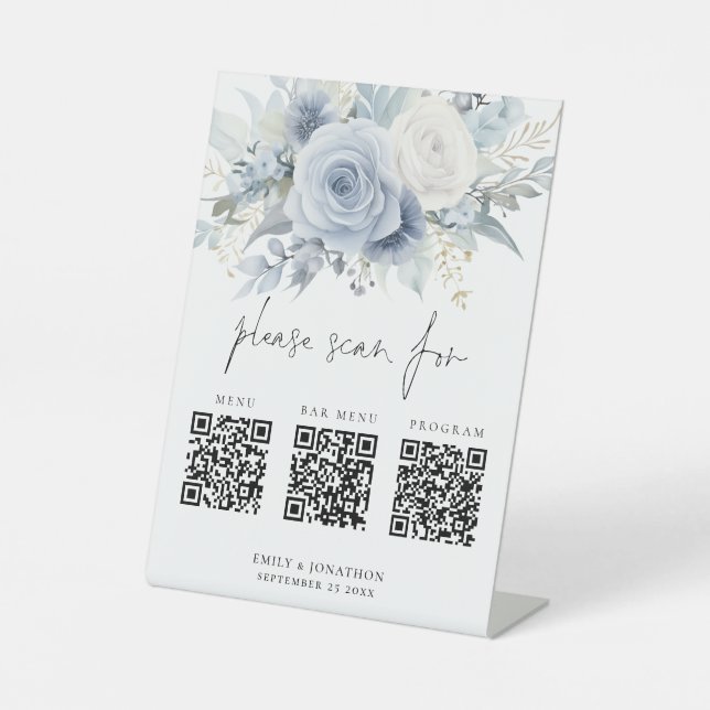 3 Qr Codes Bar Menu Program Blue Florals Wedding Pedestal Sign (Front)