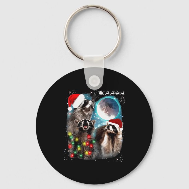 3 Racoon Moon Howling Racoon Christmas Santa Raco Key Ring (Front)