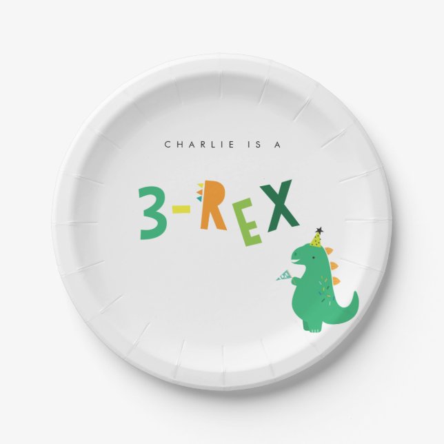 3-Rex Dinosaur Party Plates for 3rd Birthday (Front)