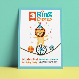 3-Ring Circus Animal Lion 3rd Birthday Invites