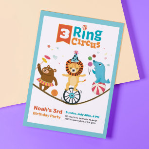 3-Ring Circus Animals Kids Third Birthday Invites
