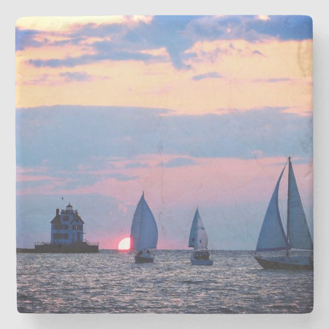 3 Sailboats Sunset Stone Coaster (Front)