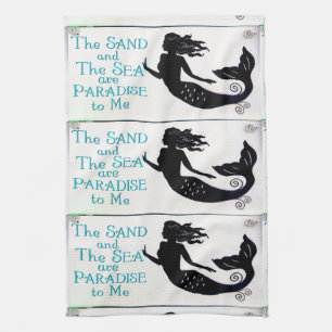 3 sand and sea mermaids tea towel