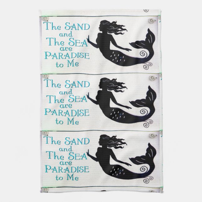 3 sand and sea mermaids tea towel (Vertical)