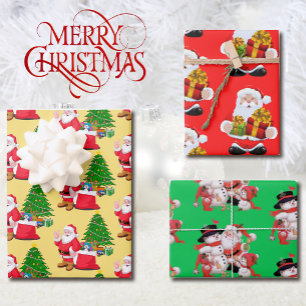 3 Santa Claus Red Green Background Pretty Gift Wrapping Paper Sheet