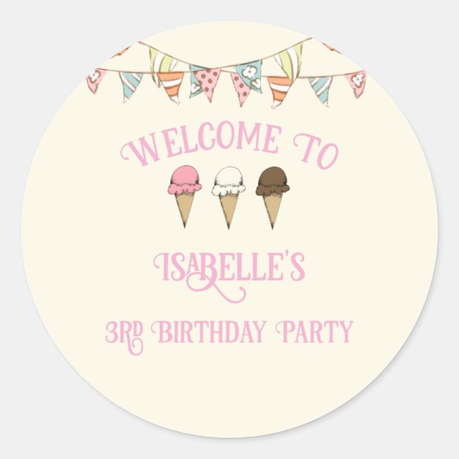 3 Scoops of Fun 3rd Birthday Ice Cream Party  Classic Round Sticker (Front)