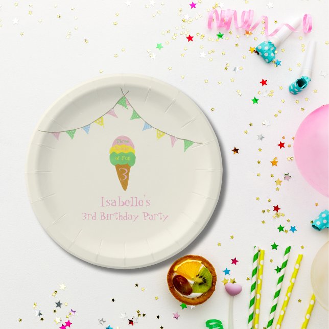 3 Scoops of Fun 3rd Birthday Ice Cream Party  Paper Plate (Creator Uploaded)