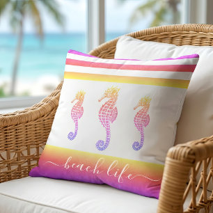 3 seahorses pink purple ombre beach life script cushion