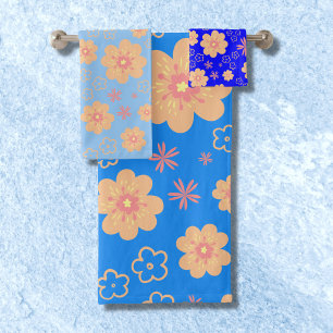 3 Set Blue Orange Floral Pattern Bath Towel Sets
