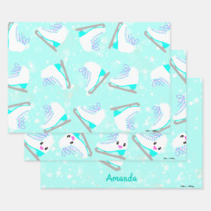 3-SET Personalized Ice Skating Patterns Blue Gift Wrapping Paper Sheet