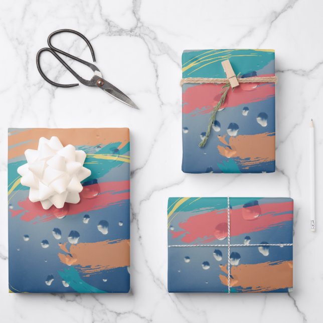 3-set Raindrop Effect Brushstroke Wrapping Paper (Front)