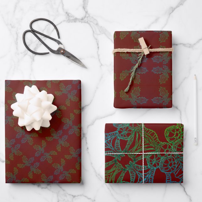 3 Sheets Gift Wrap Paper Holly Sketch (Front)
