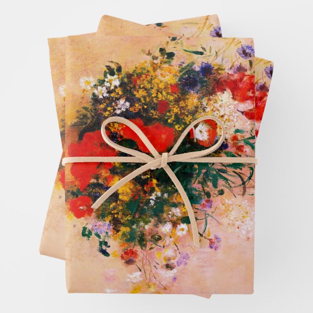 3 Sheets of Vintage Flowers Wrapping Paper (In situ)