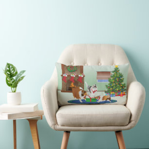 3 Shelties Unwrap A Gift, Green, Christmas Holiday Lumbar Cushion