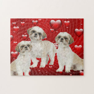 3 Shih Tzu Puppies with Heart Background Jigsaw Puzzle