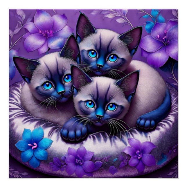 3 Siamese Kittens Purple Flowers Silver Pillow Poster (Front)