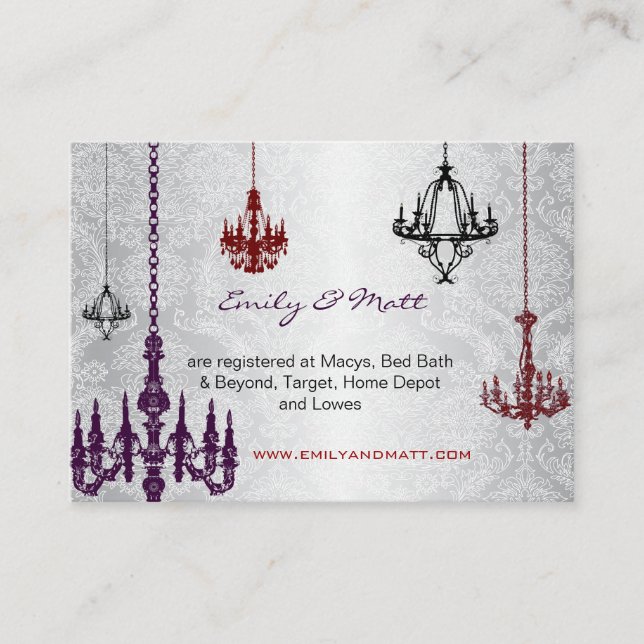 3 Silver Red & Black Chandeliers Damask Wedding Enclosure Card (Front)