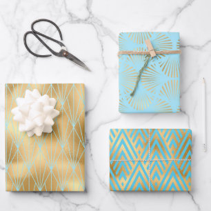 3 Styles of Gold, Teal & Light Blue Art Deco Wrapping Paper Sheet
