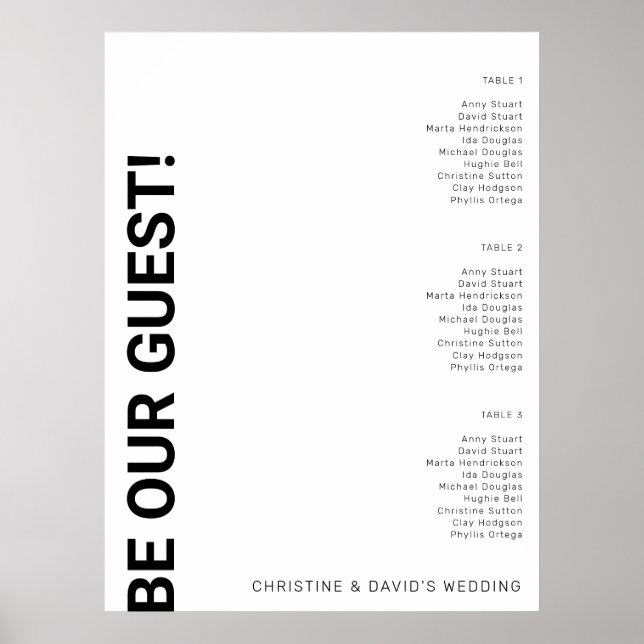 3 table Simple White Wedding seating chart (Front)