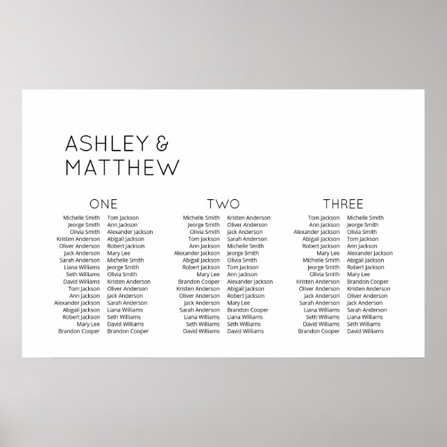 3 Tables 102 Guests Modern Wedding Seating Chart (Front)