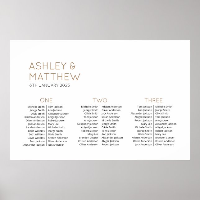 3 Tables 72 Guests Modern Wedding Seating Chart (Front)