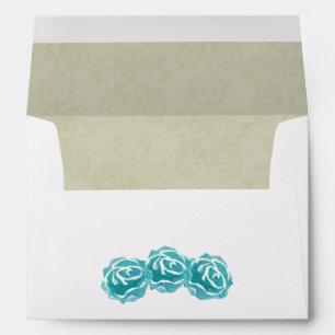 3 Teal Watercolor Roses and Tan Damask Pattern Envelope
