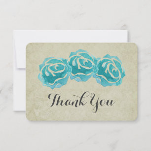 3 Teal Watercolor Roses on Tan Damask Thank You Card