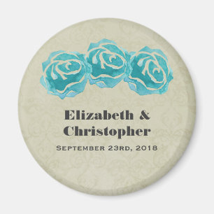 3 Teal Watercolor Roses on Tan Damask Wedding Magnet