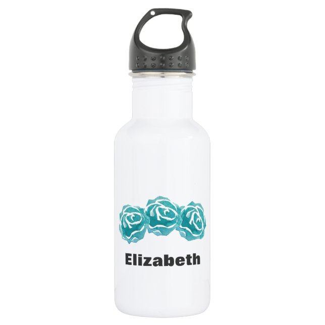 3 Teal Watercolor Roses Personalised 532 Ml Water Bottle (Front)