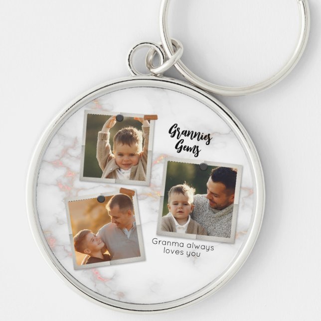3 Three Photo Modern Elegant Collage Family Love Key Ring (Front)
